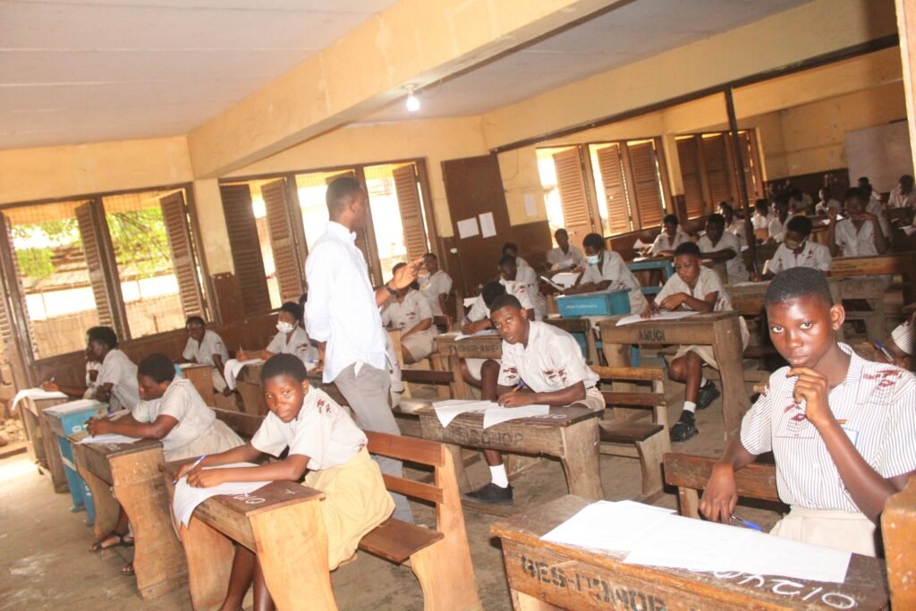 BECE candidates writing the exams at the Nii Amugi Basic school, Adabraka in Accra  