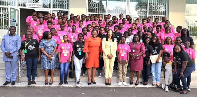 • The young girls with the Chairperson of the Electoral Commission, Mrs Jeane Mensa and the Founder of the Leading Ladies Network