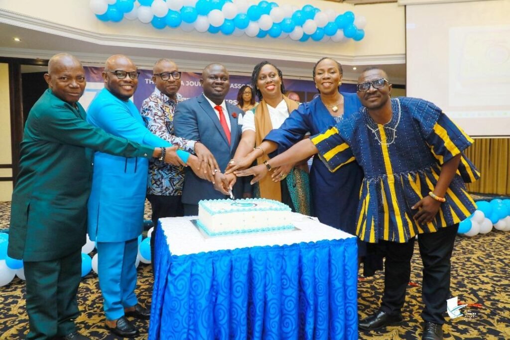 GJA president Albert Dwumfour (middle) with other dignitaries cutting the anniversary cake Photo. Stephanie Birikorang