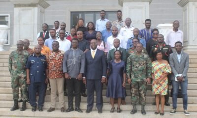 • Dr Omane Boamah (middle) with members of the press corps and staff of the ministry