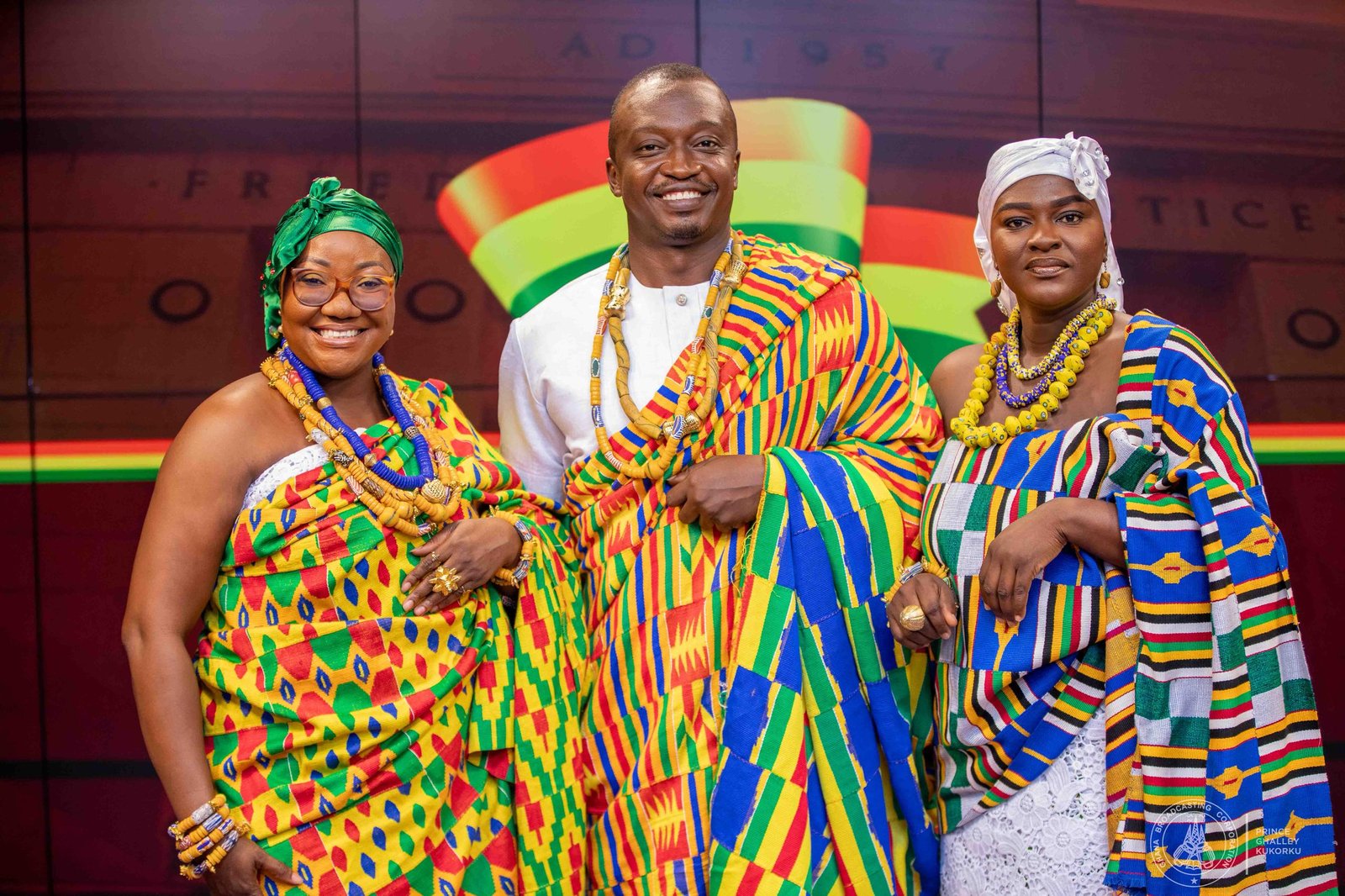 From the stables of GTV, the Morning Show team of George Sappor, Thelma Tackie (left) and Clara Mlano (right) added a touch of royalty to the Heritage Month observation with the trio beautifully draped in the rich Kent